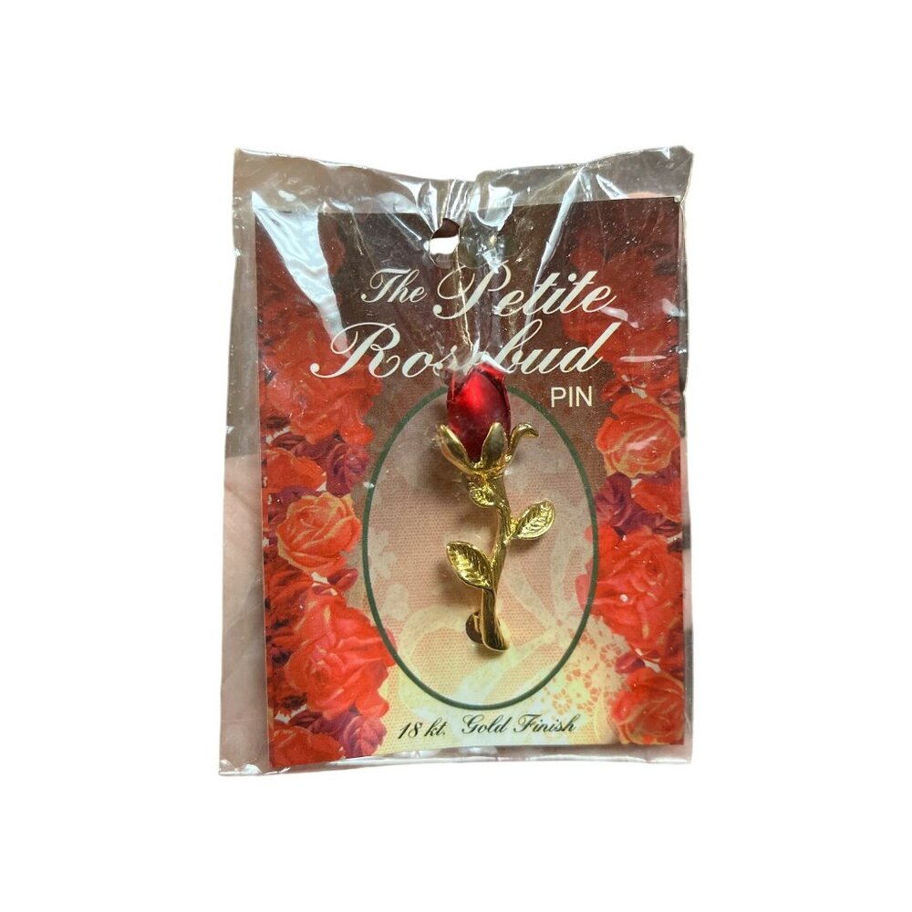 The Petite Rosebud Pin With 18K Gold Finish & Red Rose Design